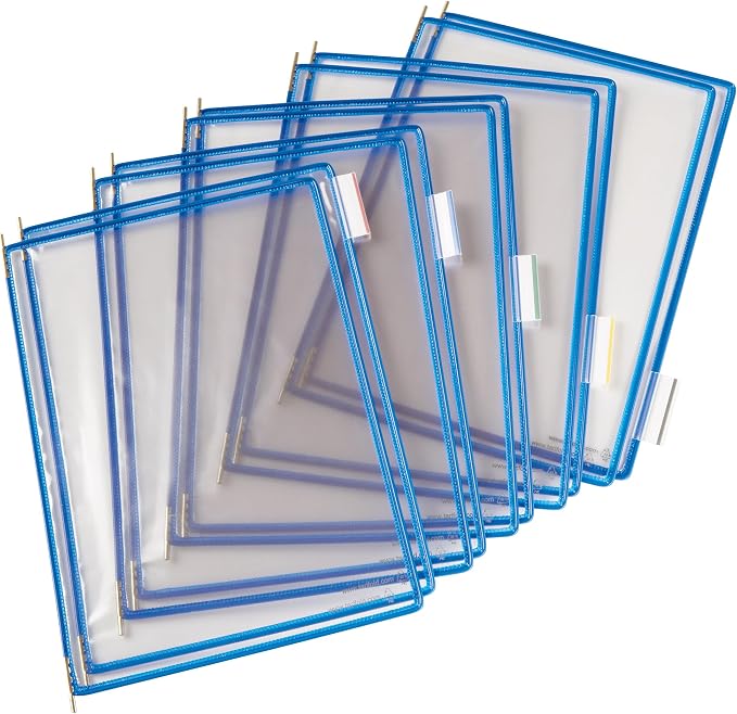 Tarifold Wall Mount Reference System, 10 Pockets, Expandable, Blue | 10 double-sided PVC pockets hold 20 letter-size sheets, sturdy wall-mount bracket, snap-on index tabs, easy to install