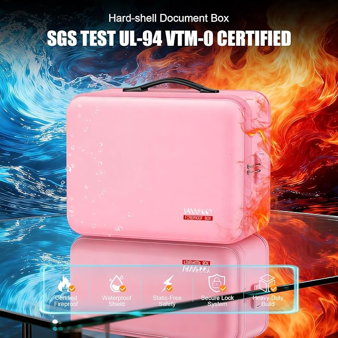 Fireproof Document Box with Lock, Hard-Shell Fireproof & Waterproof Safe Box for Home Office, Portable Document Organizer Stocking Stuffs for Women or Men Christmas Gifts (Pink