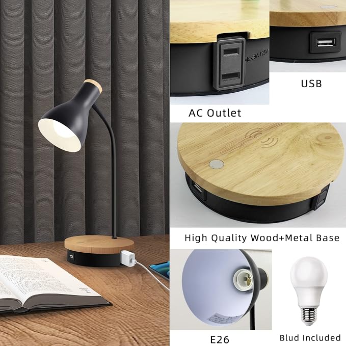 LALISU Metal Desk Lamp Wireless Charging Table Lamp Touch Reading Lights Arc Desk Lamps for Bedroom, 3 Way Dimmable Bedside Lamp with USB Charging Ports Lamp for Study Room and Office (Black)