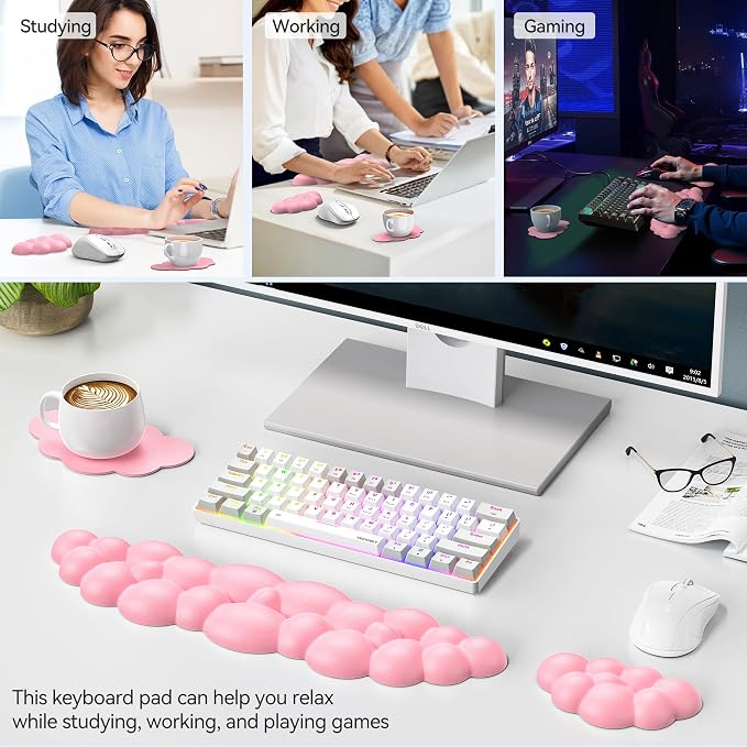 TECKNET Cloud Keyboard Wrist Rest Set, Cloud Wrist Rest with Non-Slip Base, PU Leather Wrist Pad for Keyboard with Ergonomic Memory Foam for Computer Laptop Office Gaming and Pain Relief, Dark Pink