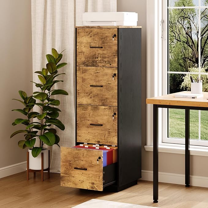 VINGLI 4 Drawer File Cabinet with Lock, Home Office Filing Organizer, for Letter Size File Folder Storage, Wood Tall Vertical Filing Cabinet, Printer Stand, Archivador (Rustic Brown)