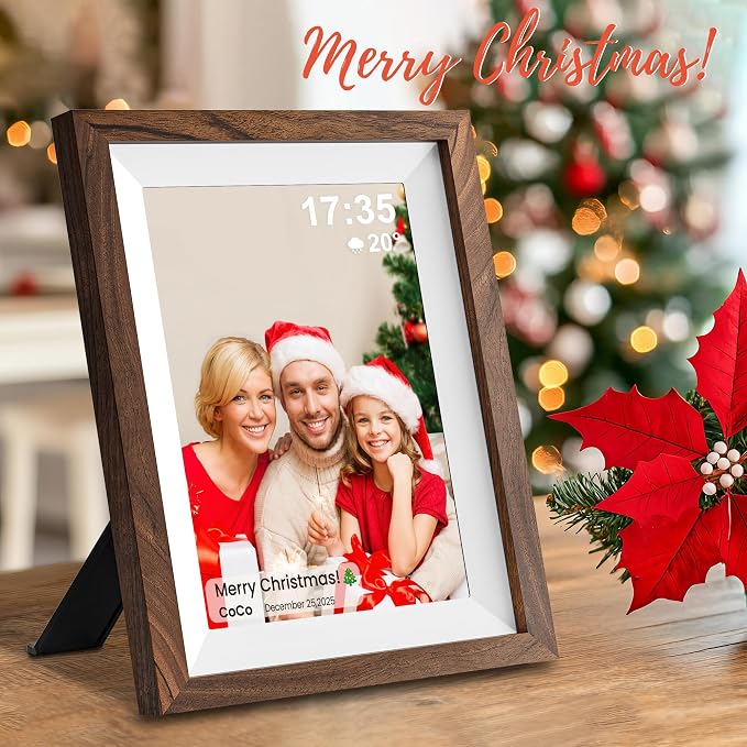 Frameo 10.1" Smart Digital Picture Frame with Walnut Moulding, 16:9 1280p HD IPS Touchscreen Display, 32GB Storage, MicroSD Slot, Plug-in Power, Easy Wireless Photo & Video Sharing, Idea