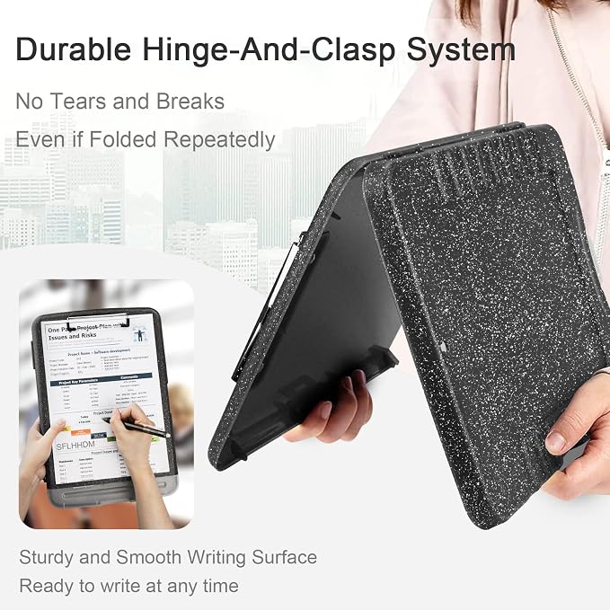 SFLHHDM Glitter Clipboard with Storage, Plastic Storage Clipboard with Pen Holder, Clip Boards 8.5x11 with Low Profile Clip, Side Opening Sparkle Clipboards Folder for Office (Glitter Dark Gray-Black)