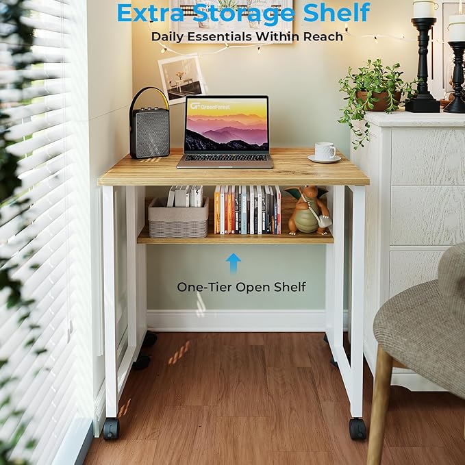 GreenForest Folding Desk with Wheels, 24.8" Rolling Table for Small Spaces | Storage Shelf, Lockable Casters, Compact Portable Workstation, Space-Saving Foldable Sofa Table, Home Office, Mobile, Oak