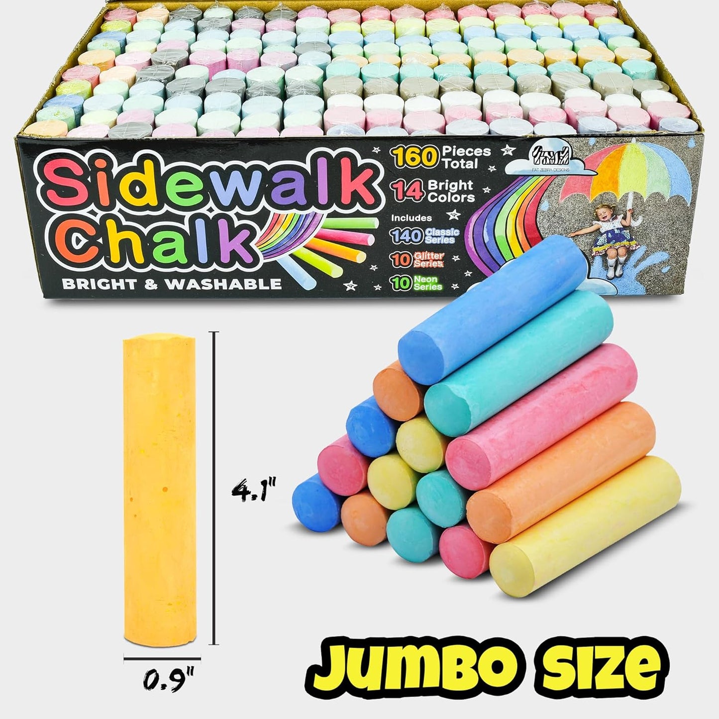 160 PCS Sidewalk Chalk for Kids - 14 Colors, 10 Glitter, 10 Neon Non-Toxic Washable Jumbo Chalks - Bulk Set of Outdoor Paint for Kids and Toddlers - Chalkboard Toys - Big Bucket Chalk for Party