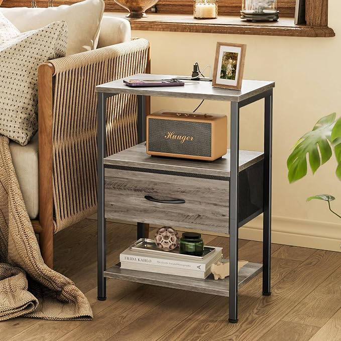 SUPERJARE Nightstand with Charging Station, USB-C Port, Bedside Table | Night Stand for Bedroom, with Adjustable Fabric Drawer, 3-Tier Storage End Table, for Living Room, Oak