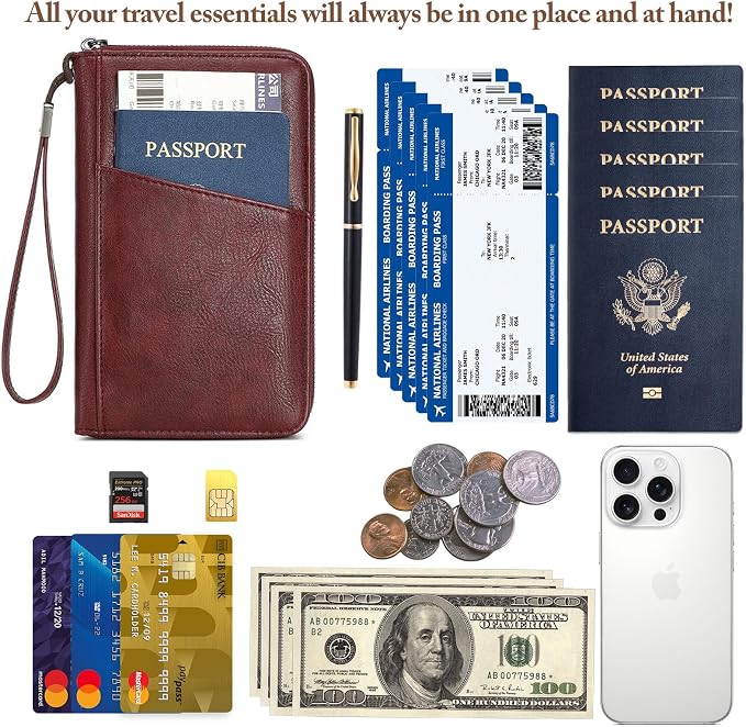 Family Passport Holder for Travel Women and Men Multiple RFID blocking Passport Holder MultiFunction Passport Wallet Passport Case Passport cover with Zipper
