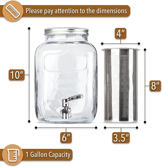 BTaT- 1 Gallon Cold Brew Coffee Maker, Thick Glass Pitcher | Stainless Steel Filter, Lid & Spigot Iced Coffee Sun Tea Brewer Mason Jar Cold Brew Container Fast Iced Tea Maker for Fridge