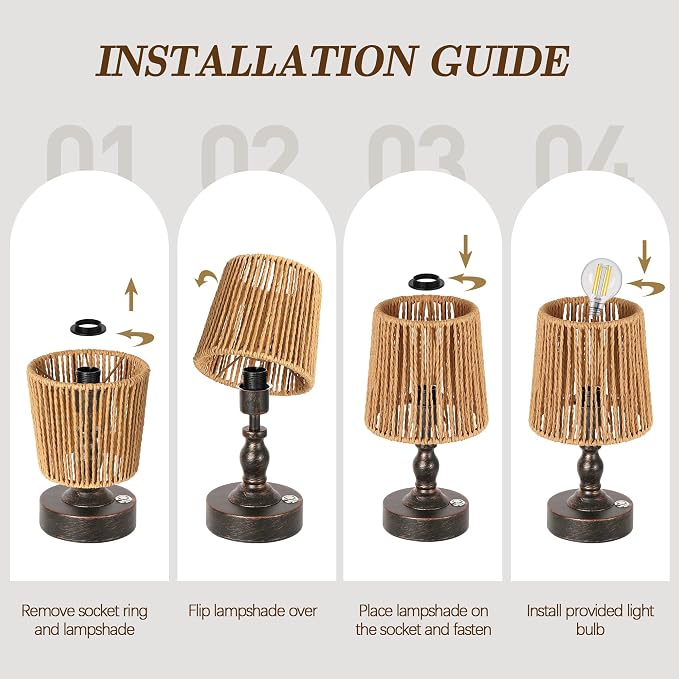 Mini Cordless LED Table Lamp, 5200mAh Rechargeable Battery Operated Lamp, 3-Level Brightness, Touch Dimmable Desk Lamp, Bedside Night Light with Rattan Shade, Oil Rubbed Bronze