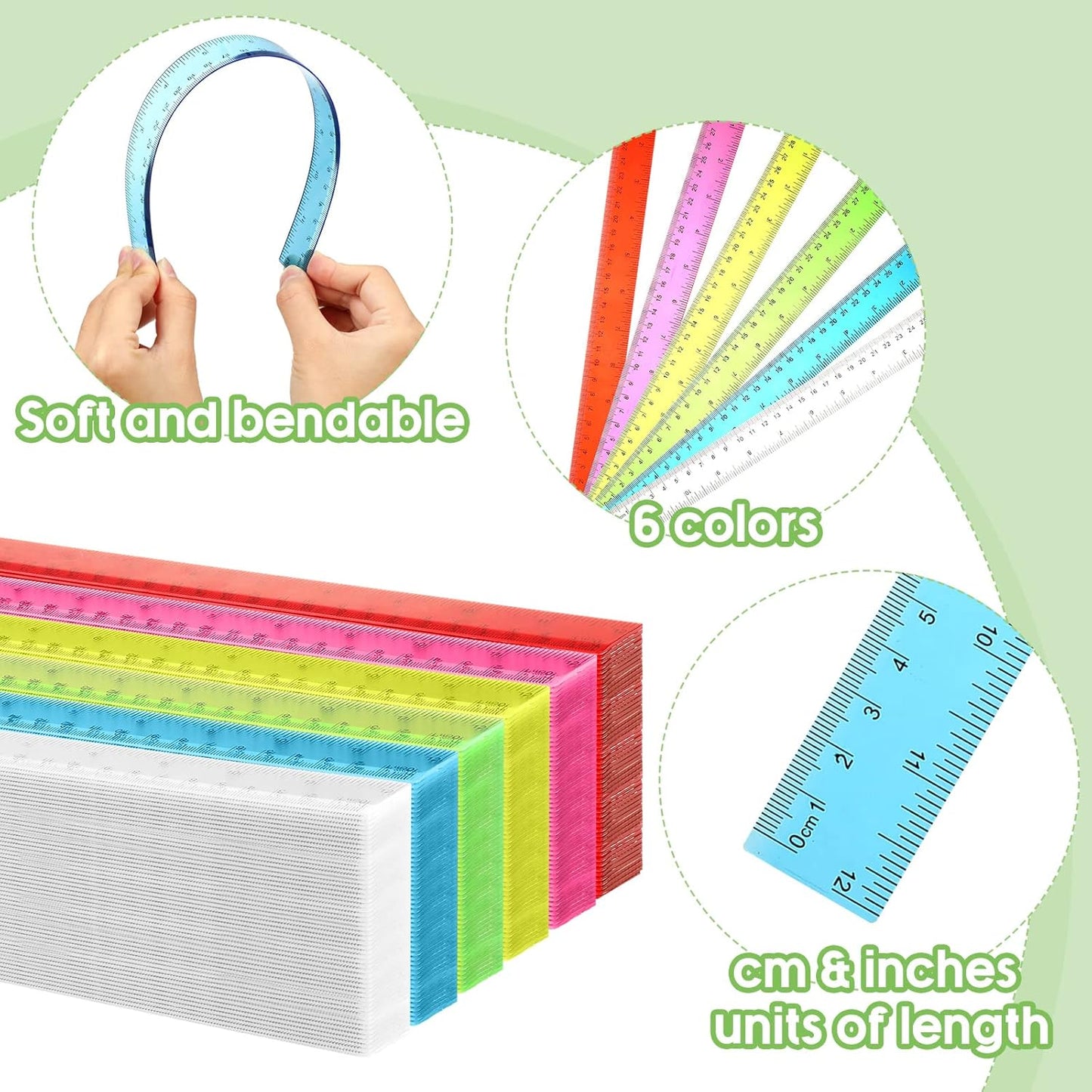 Fumete 144 Pack 12 Inch Plastic Rulers Bulk for Classroom Back to School Supplies Flexible Transparent Assorted Color Ruler with Centimeters and Inches for Office Teacher Student