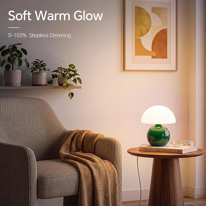 Mushroom Lamp Table Lamp for Bedroom-Small Table Lamps,Dark Green | 8.7" Mid Century Modern Table Lamps for Living Room Bedroom Decor,Cute Ceramic Lamps for Mushroom Home Room Decor,Glass Shade