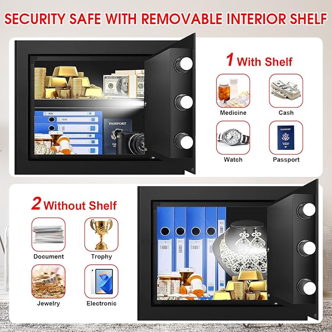 1.8 Cuft Safe Box Fireproof Waterproof, Small Safe for Home Use Fire and Water Proof with Combination Lock, Alarm System and Removable Shelf, Digital Anti-Theft Fireproof Safe For Home Document