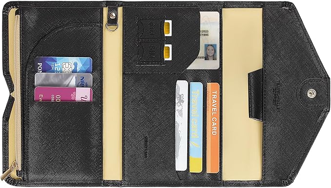 Passport Holder Travel Wallet Organizer for Women,Black | RFID secure, 6 card slots, 41 sim pockets, passport holder with zip-around wallet, slim fit for women travelers.