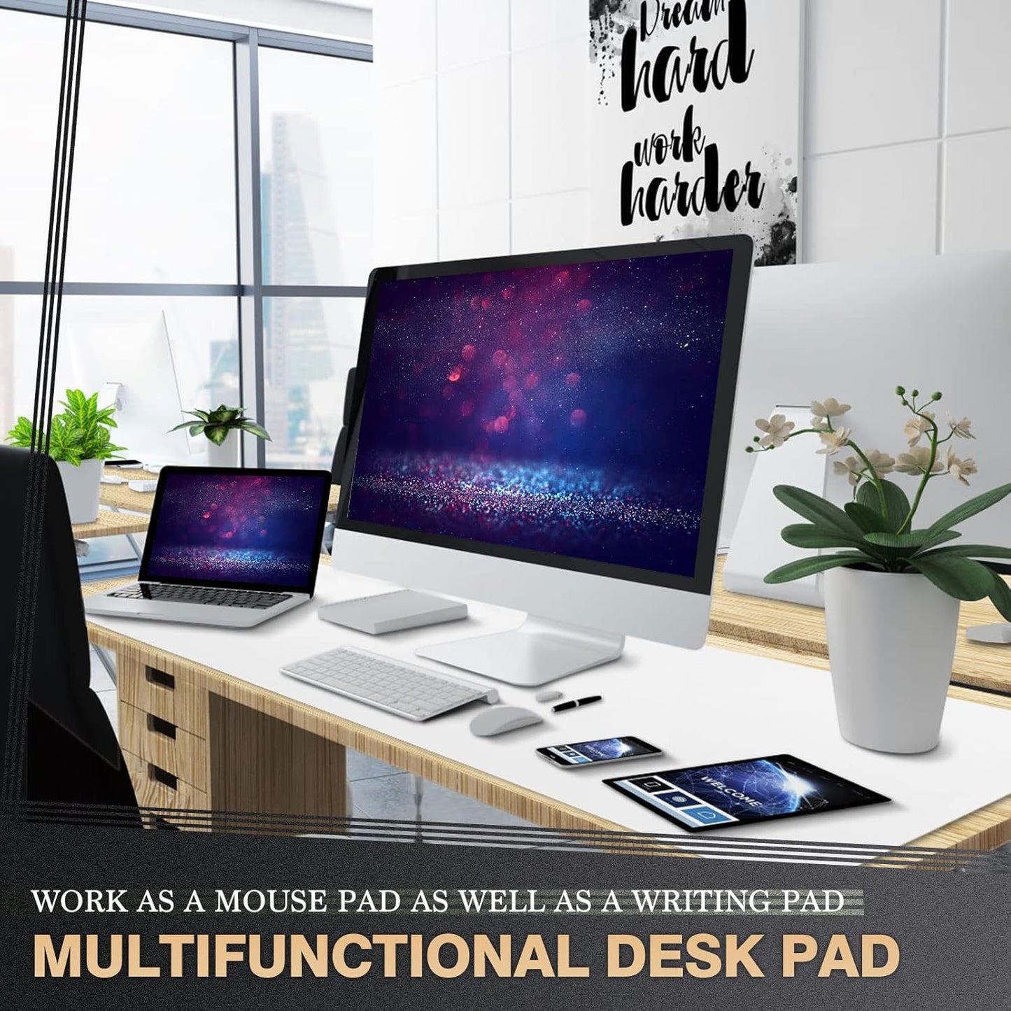 K KNODEL Large Office Leather Desk Mat, Mouse and Keyboard Pad, Computer and Laptop Mat, Desktop Protector and Cover, Writing Pad and Blotter (47.2"x17", White)