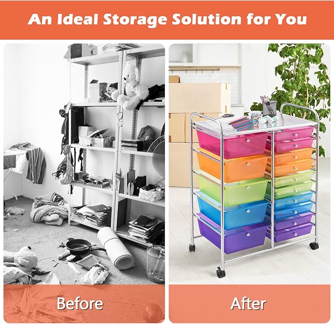 15 Drawer Rolling Storage Cart, Rolling Cart with Drawers for Classroom, Art Supply Craft Organizer on Wheel with Metal Frame & Handles for Home Office School
