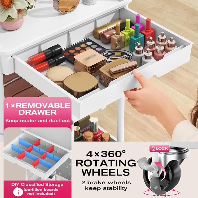 Goovilla Rolling Makeup Organizer Cart with Removable Drawer, 3 Tier White | Stable Floor Skincare Storage Cart for Vanity, Cosmetic Display, Nail Polish, Perfume, Hair Stuff, Beauty, Bathroom(Plastic)