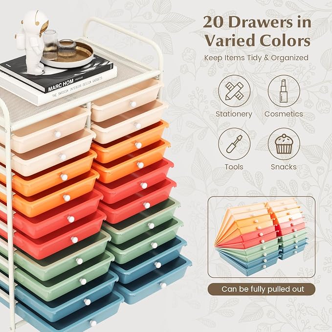 RELAX4LIFE 20 Drawer Rolling Storage Cart, Mobile Rolling Cart w/Drawers for School Classroom Teacher Office Home Salon, Paper File Art Supply Craft Organizer, Utility Cart on Wheels (Macaron)
