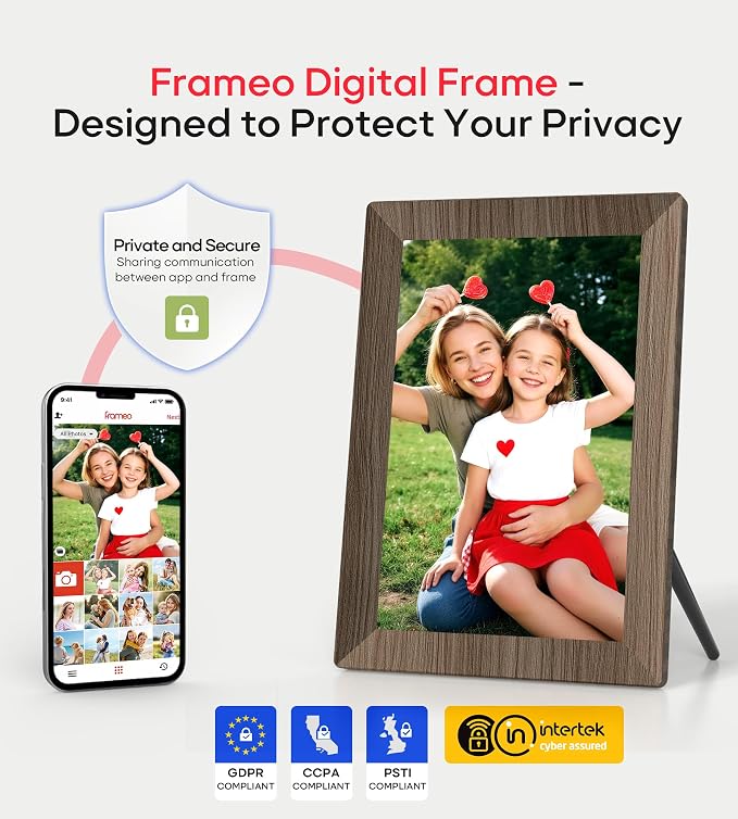 Frameo 10.1" Digital Picture Frame with 32GB Memory Wood WiFi Electronic Photo Frame 1280 x 800 IPS Touch Screen Auto-Rotate Slideshow Wall Mountable Share Photos/Video Remotely Anywhere