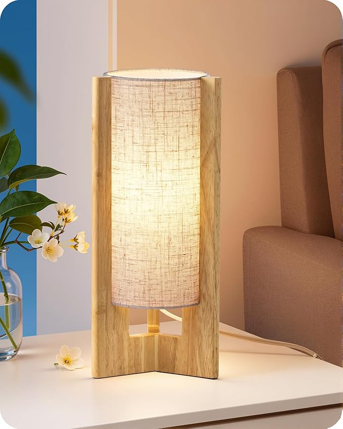 EDISHINE Small Cute Table Lamp, Natural Wood Nightstand Lamp, 13.5", E26 | Cylinder, Beige Linen Shade, On-Off Line Switch, Three-Sided Base, Corner Modern Bedside Lamp for Living Room, Bedroom