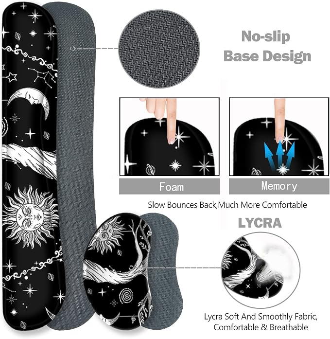 ToLuLu Extended Gaming Mouse Pad, Memory Foam Keyboard Mouse Wrist Rest | Ergonomic Support Set, Large Desk Mat with Stitched Edges, Non-Slip Base Mousepad for Home Office Game and Study, Moon & Sun