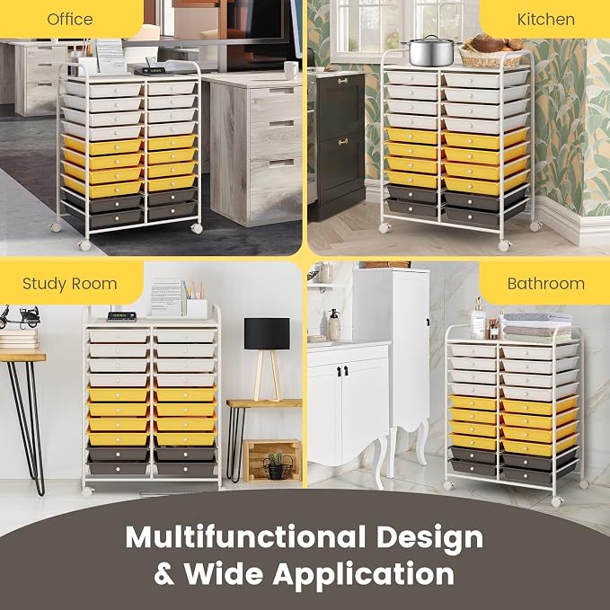 COSTWAY 20-Drawer Rolling Storage Cart, Utility Storage Organizer Cart | For Tools, Scrapbook, Paper, Craft, Multipurpose Storage Trolley on Wheels for Home Office School (Yellow, Beige & Grey)