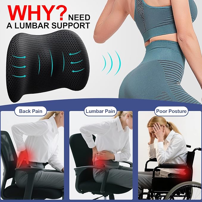 BYMECOST Lumbar Support Pillow for Car, Memory Foam Car Back Cushion | Car Seat Back Pillow for Driving, Adjustable Strap, Ergonomic Lower Back Support Pillow, Office Chairs and Wheelchairs