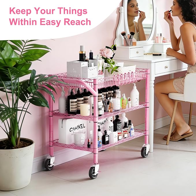 Pink Rolling Utility Cart with Wheels, 990Lbs Heavy Duty Metal Cart with Handle & Shelf Liners, NSF Certified 3-Tier Storage Trolley for Esthetician, Kitchen, Salon & Craft Room, Pink