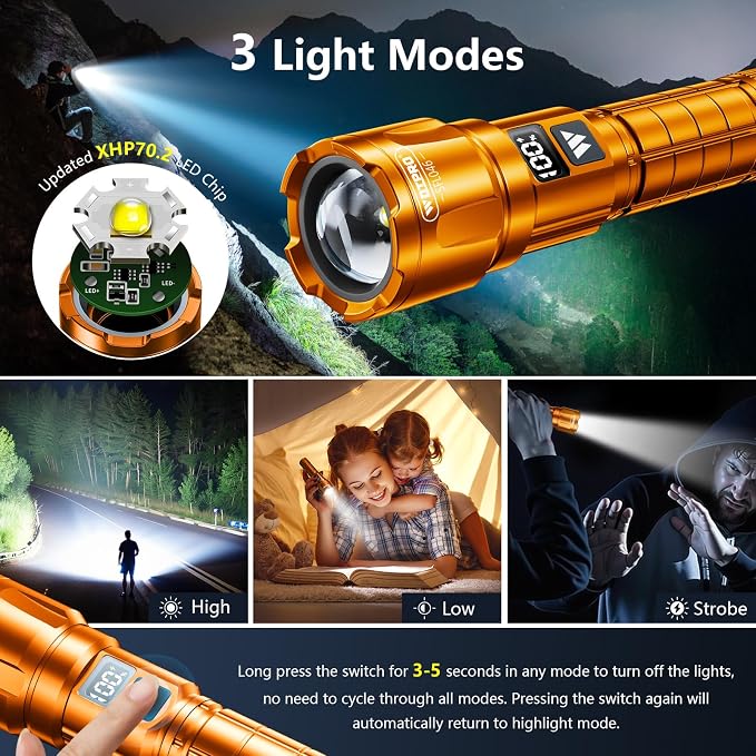 Wdtpro LED Rechargeable Flashlight 2 Pack, 3 Modes Super Bright High Lumens Flashlights, Zoomable Tactical Flash Light with LCD Display, IP65 Waterproof Flashlights for Home Emergency Camping - Orange