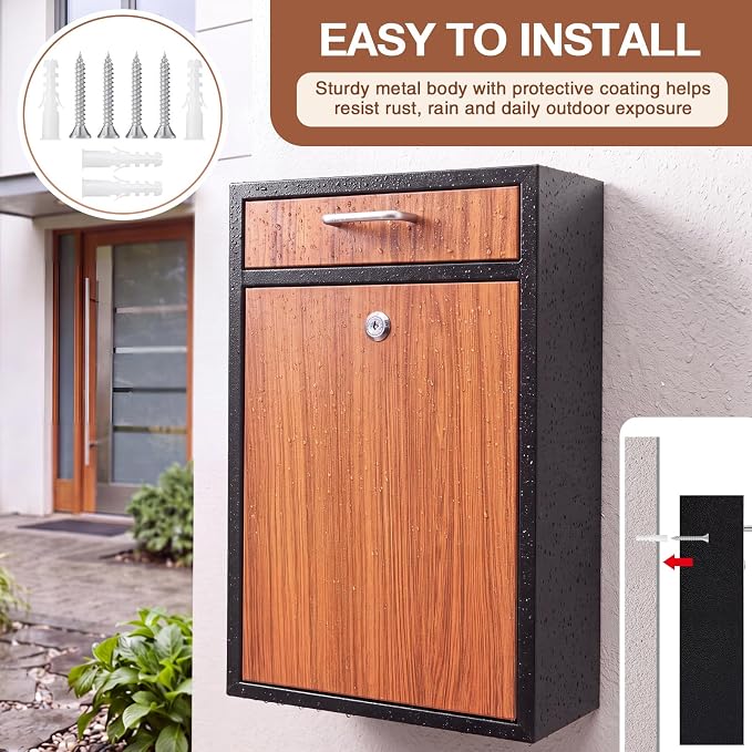 Yaocom Locking Mailbox with Key for Outdoor 16.2 x 11.2 x 4.7 Inches Large Wall Mount Mail Box with Lock Security Mail Drop Metal Collection Boxes Hanging Secure Postbox(Wooden)