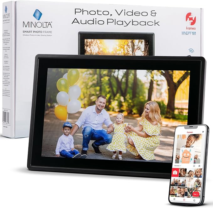 Minolta Smart Photo Frame 10.1 inch - Digital Picture Frame with IPS Touch Screen HD Display, Built-in Free Frameo App and WiFi, Video & Photo Sharing, 16GB Storage (Black)