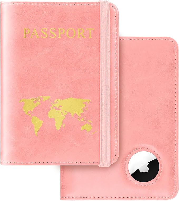 Passport Holder Travel Women Men, Passport Wallet with Airtag Slot, Pink | RFID Blocking PU Leather Passport Holder Cover Case with Card Holder, Pen Slot