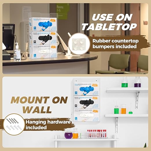 Triple Glove Box Holder Dispenser - Kitchen, Medical, & Latex Glove Holder Wall Mount or Countertop, Universal Fit - Thick Acrylic, Easy to Use, Slide, & Load Open Top Design - Clear