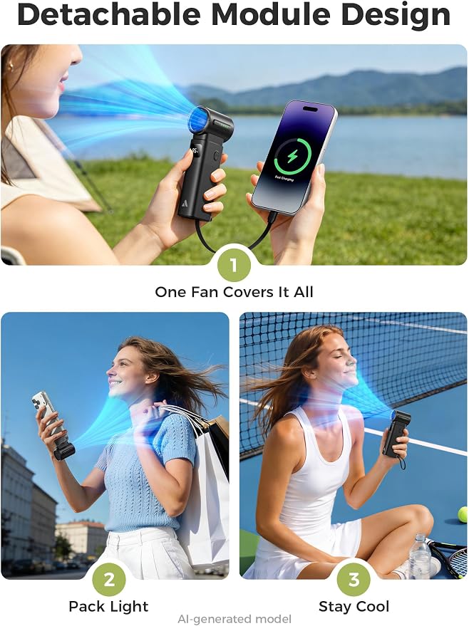 Aecooly Portable Fan with Power Bank, 36ft/s Poweful Handheld Fan | 5000mAh Battery [20H Max Cooling], 4 Speeds Mini Detachable Modular, Small Personal for Summer, Travel, Gifts for Women-Black