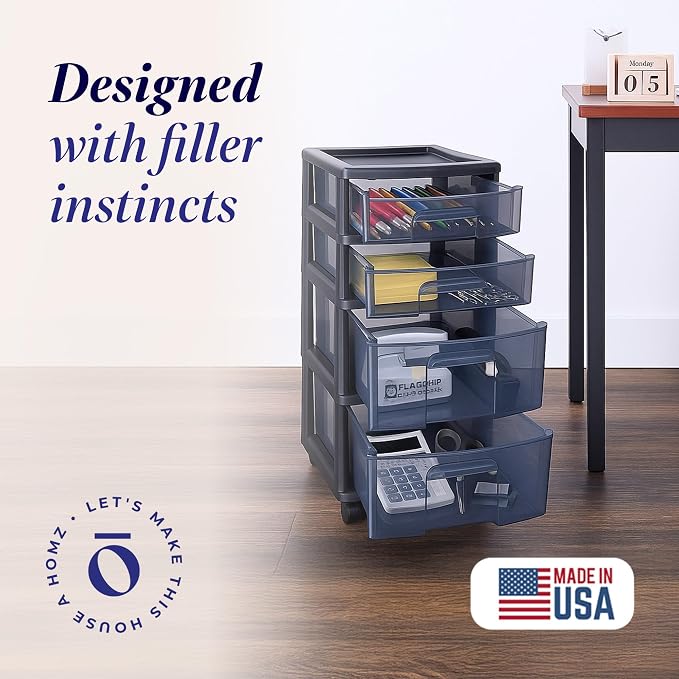 HOMZ Drawer Tower, 4-Tier Storage Cart with Removable Wheels, Black Frame | Plastic Organizer with Clear Bin Drawers for Bedroom, Bathroom, Home Office, and Dorm Rooms