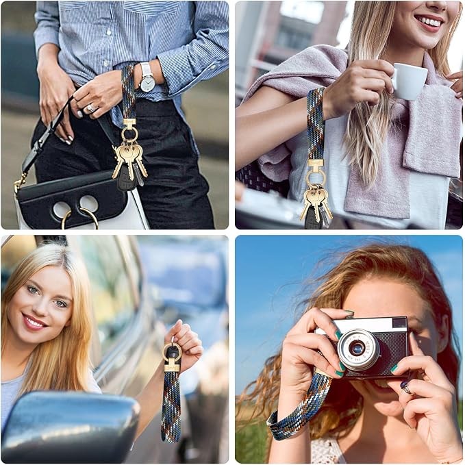 Fishent Stretchy Wristlet Keychain, Cute Key Chain, Woven Wrist Lanyard for Car Keys with 3 Keyrings and D-ring for Women Men