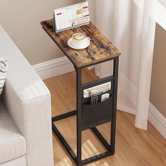 TUTOTAK C Shaped End Table, Side Table for Couch, Sofa Table | with Storage Bag, TV Tray for Living Room, Bedroom, Brown TB01BB082