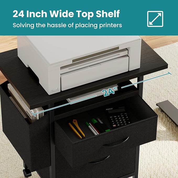 OLIXIS 2 Drawer File Cabinet with 24'' Wide Desktop, Rolling Printer Stand | Printer Cart with Lockable Wheels, Fabric Drawer Cabinet Under Desk with Storage Side Bag for Small Space, Home Office, Black