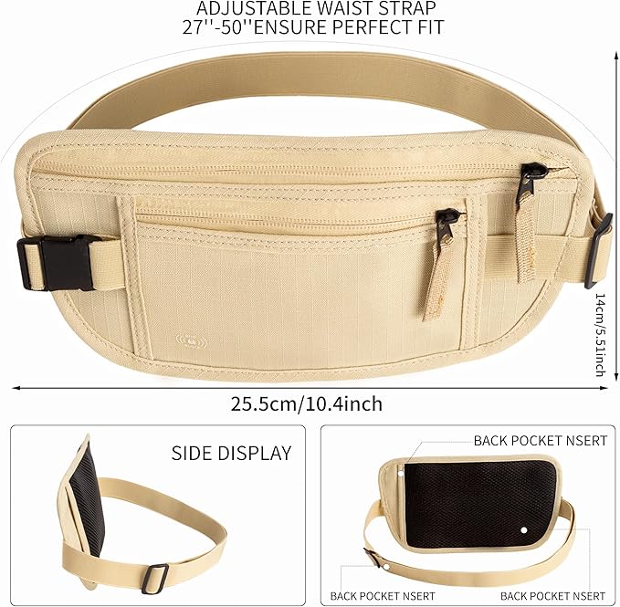 Money Belt for Travel Fanny Pack for Men Hidden Travel Pouch Fanny Pack for Women Hidden Rfid Passport Holder for Travel (Beige)