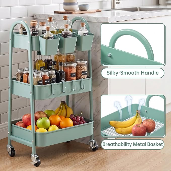 3-Tier Rolling Cart, Utility Cart Mobile Metal Rolling Storage Cart with Lockable Wheels & Hanging Cups & Hooks for Kitchen, Bathroom, Office, Workshop, Green