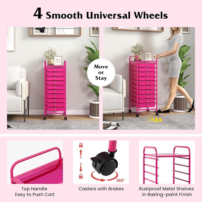 Storage Cart, Rolling Utility Cart with 10 Drawers, Portable Handles & Lockable Wheels, Mobile Paper Toys Storage Organizer Large Capacity for Home Office School Teacher (Hot Pink)
