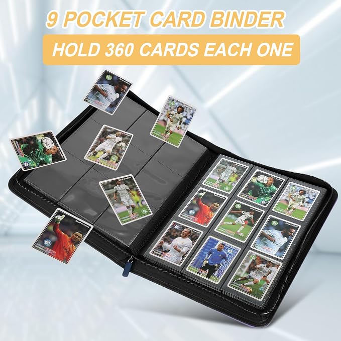360 Cards Ringless 9-Pocket Side Loading Trading Card Binder, PU Zipper Fixed Page Card Album for TCG Sports Cards, Not Fit Top Loaders (Blue)