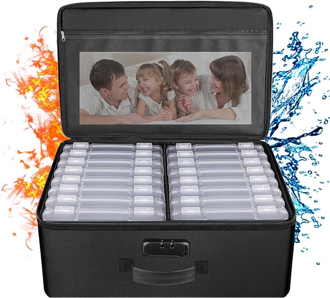 ENGPOW Fireproof Photo Storage Box 5" x 7" Photo Case(Clear),16 Inner Photo Keeper Organizer with Lock, Collapsible Portable Acid-Free Photo Storage Container with Handle for Picture, Valuables