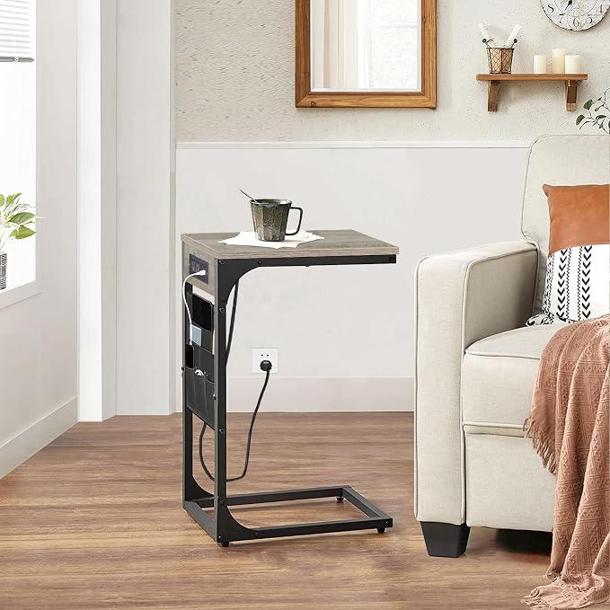 TUTOTAK C Shaped End Table with Charging Station, Side Table for Sofa | Couch Table with Storage Bag, TV Tray with 2 USB Ports and Outlets, Living Room and Bedroom, Greige TB01BG024