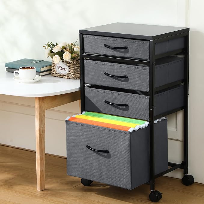 4 Drawer Rolling File Cabinet Mobile Printer Stand Metal Cart with Fabric Vertical Filing Chest Wheels A4 Letter Size Under Desk Utility Craft Storage Organizer for Home Office School(Grey)