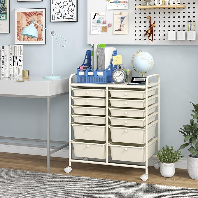BECOMFORT 12-Drawer Rolling Cart with Drawers, Storage Cart on Wheels, Teacher Classroom Organizers with Metal Frame, Mobile Craft Cart, Trolley Utility Cart for School Office Play Room