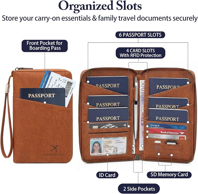Family Passport Holder for Travel Women and Men RFID Blocking Passport Holder with Zipper Multi-functional Passport Wallet Passport Case Passport cover Travel Essentials