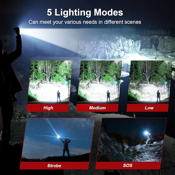 Flashlight 10000 High Lumens Rechargeable - 30W Super Bright LED Flash Light | 5000ft Beam & 12H Long Lasting USB C High Powered Handheld Police Flashlight for Home, Camping, Hiking, Emergency