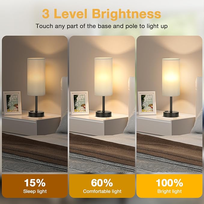 PartageiZ Grey Touch Table Lamps Set of 2-3 Way Dimmable Bedroom Lamps for Bedside with USB C and A Ports, Small Nightstand Lamps with AC Outlet, Desk Lamps with Black Base for Office Boys | 3-Way Dimmable, LED Bulb Included, Grey Fabric Lampshade, Mat...
