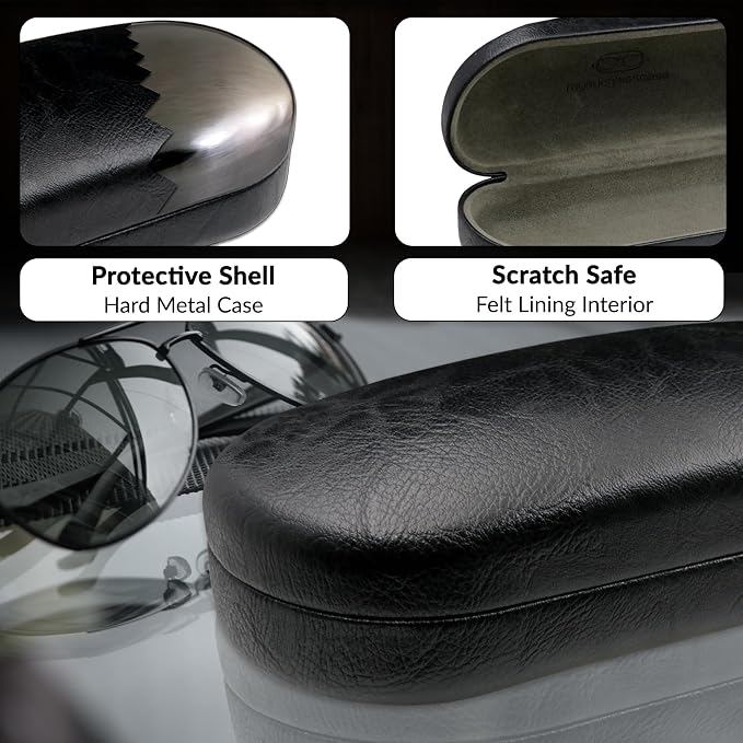 MyEyeglassCase - Large Sunglasses Case - Hard Glasses Case Holder w/Pouch & Cloth - Eyeglass Case Aviator Frames Men & Women