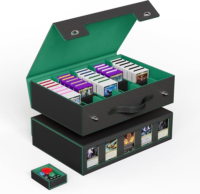 ZLCA Trading Card Storage Box 5-Row with Handle, MTG Storage Box Holds 3900+ Cards with Commander Display, Top Loaders Organizer Case for TCG PTCG Sport Card(Black&Green)